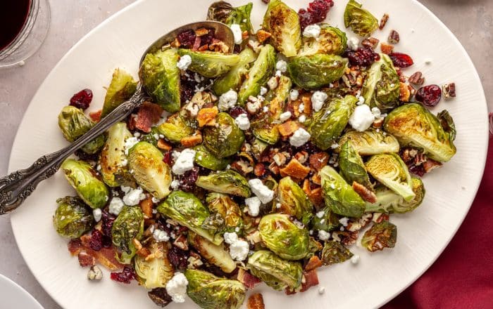 Brussels Sprouts with Bacon, Pecans, Cranberries and Goat Cheese