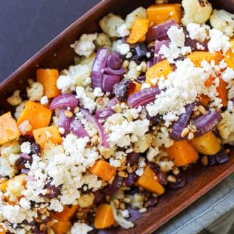 image of the Roasted Butternut Squash, Cauliflower and Red Onion in a bowl.