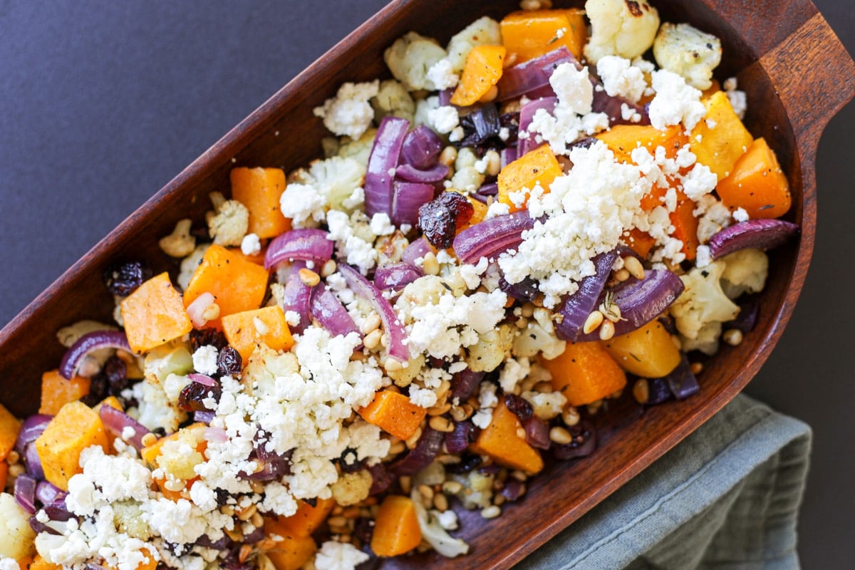 image of the Roasted Butternut Squash, Cauliflower and Red Onion in a bowl.