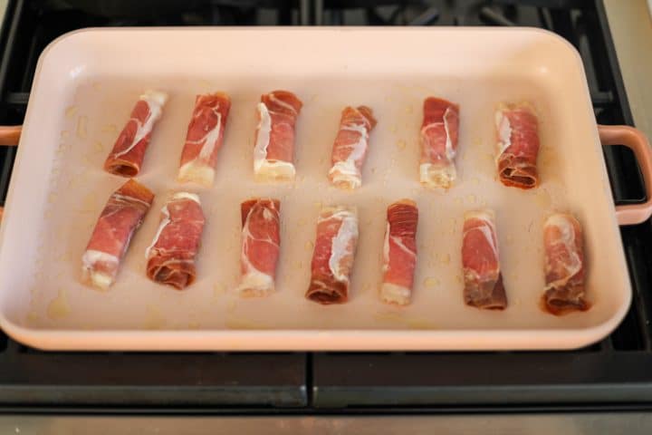 prosciutto roll-ups in a griddle pan, pan searing.