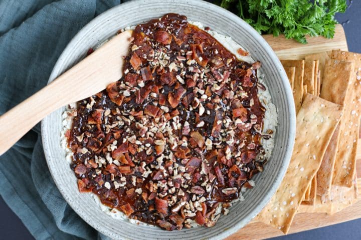 Boursin fig dip in a bowl.