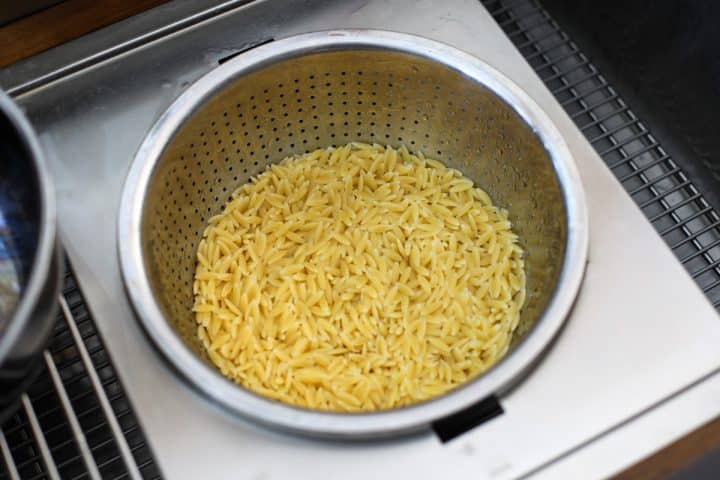 pasta drained in a colander. 