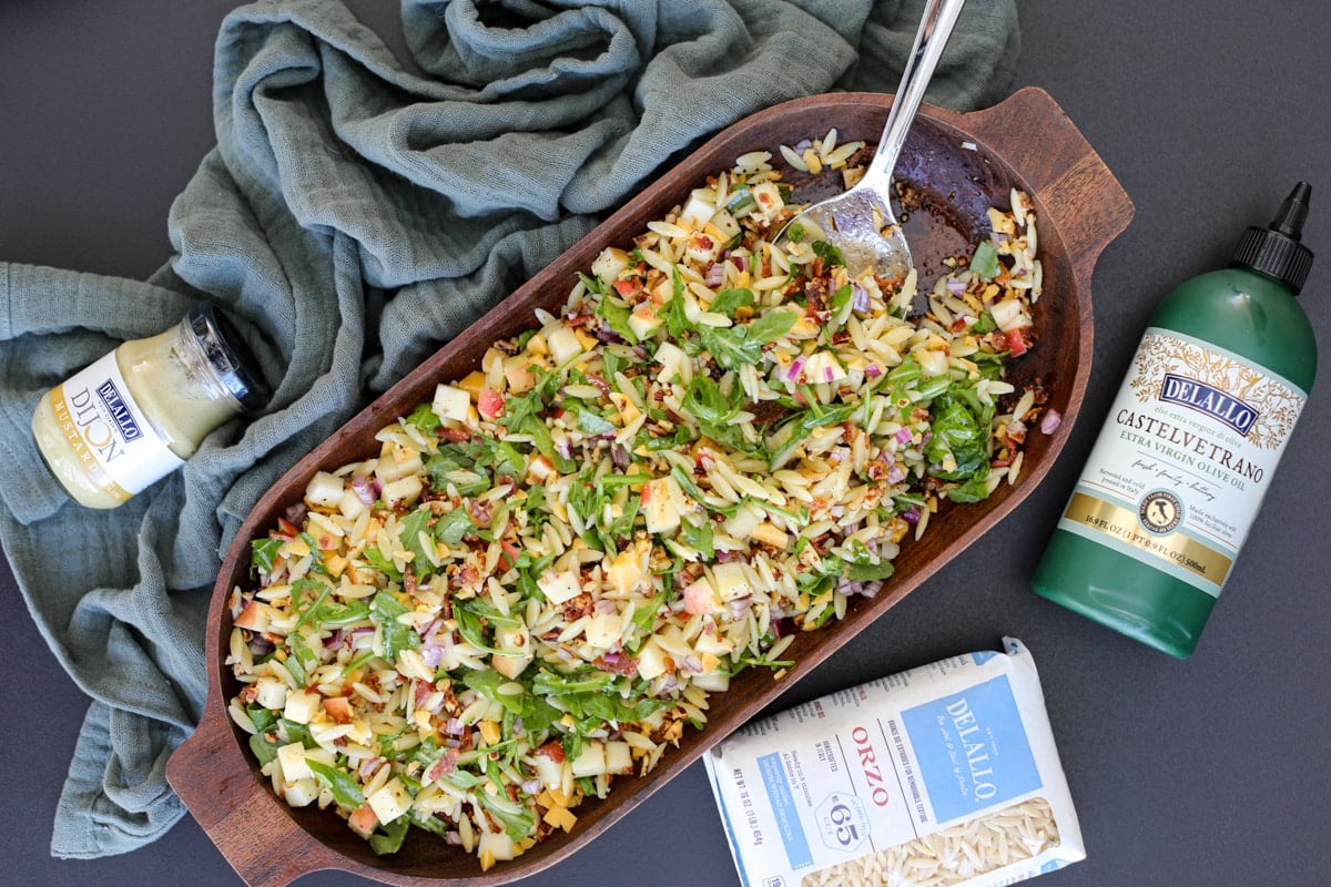 pasta salad in a serving bowl. 