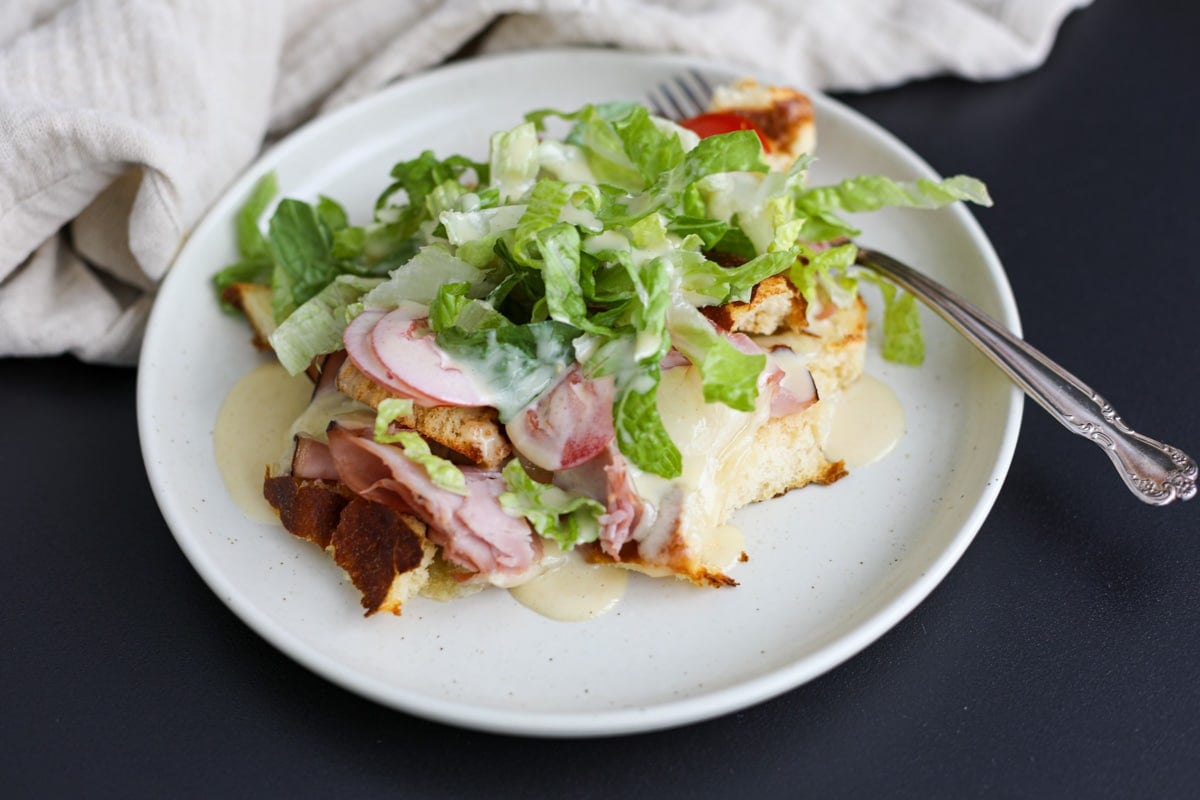 torn sandwich salad on a plate.