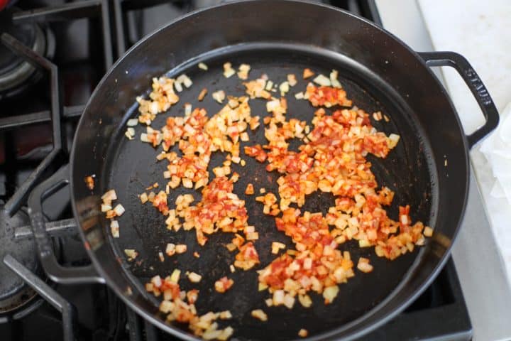 tomato paste mixed with sautéed onions and garlic.