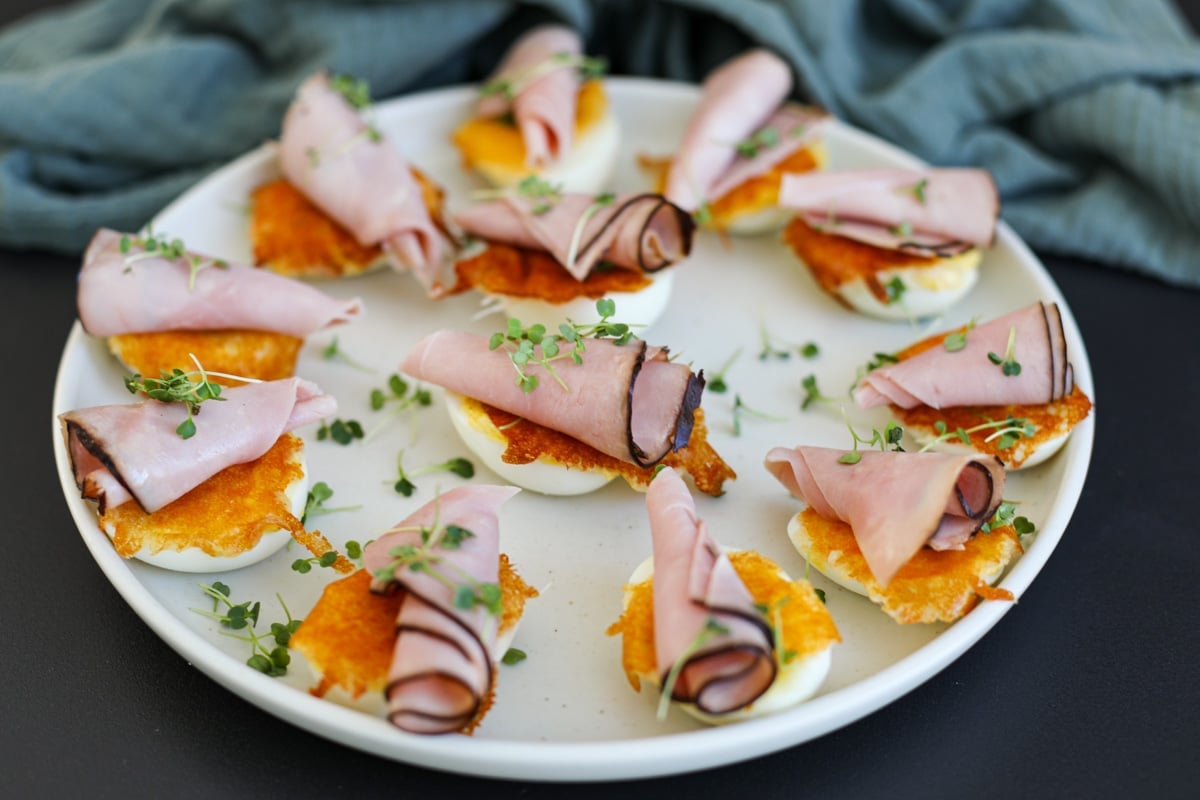 Ham and Cheese Deviled Eggs on a plate. 