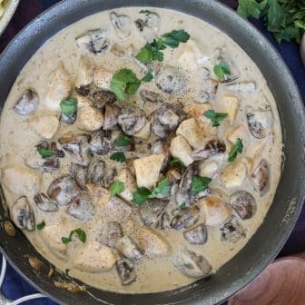 chicken stroganoff in a pan.