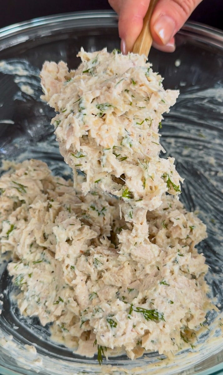 creamy chicken salad in a bowl.