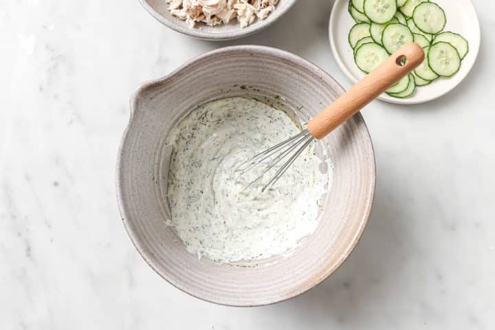dressing mixed in a bowl.