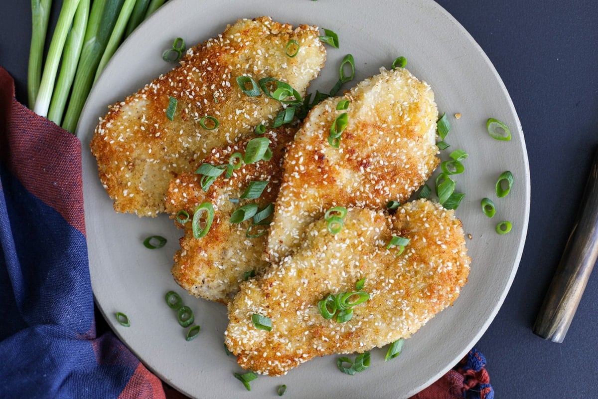 Sesame Chicken Cutlets on a plate.