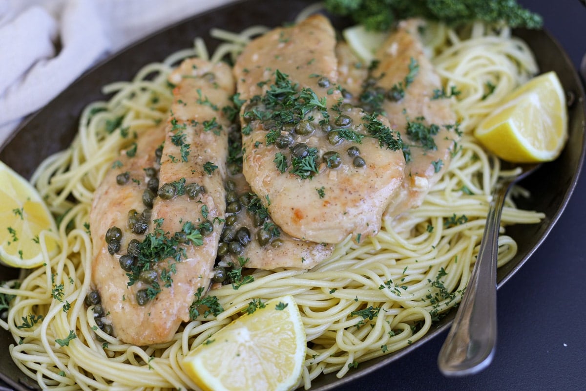chicken piccata over spahgetti.