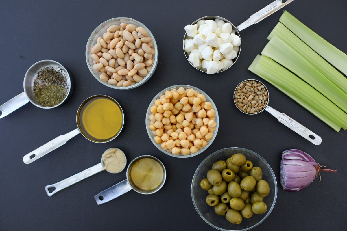 ingredients needed for dense bean salad recipe. 