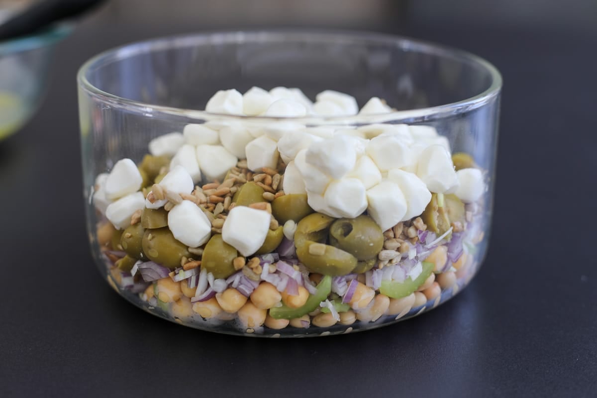 ingredients layered in a bowl. 