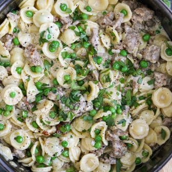 Creamy Orecchiette Sausage and Pea Pasta in a pan.