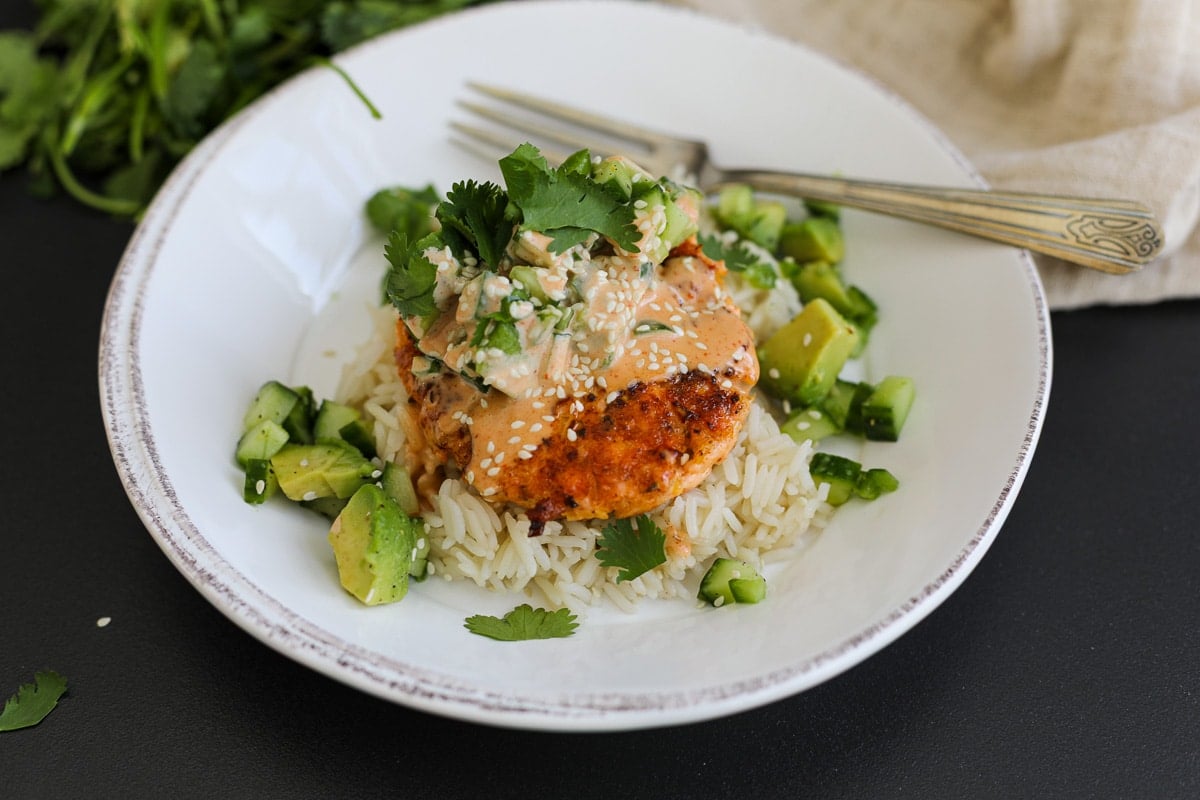 spicy salmon burger bowls.