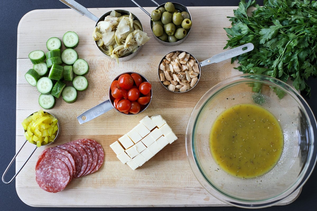 ingredients needed for marinated charcuterie salad.
