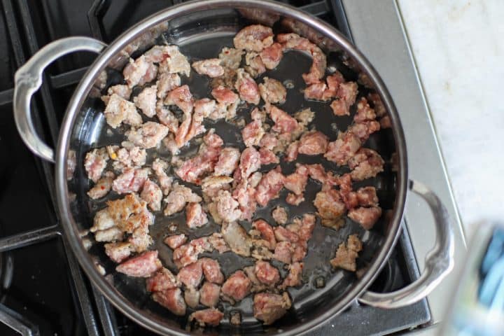 sausage in a hot pan.