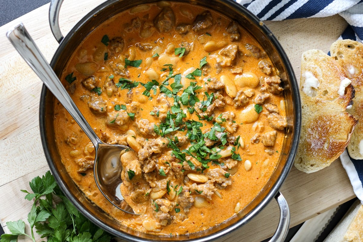 One Pan Marry Me Butter Bean and Sausage Dip – Healthyish Foods