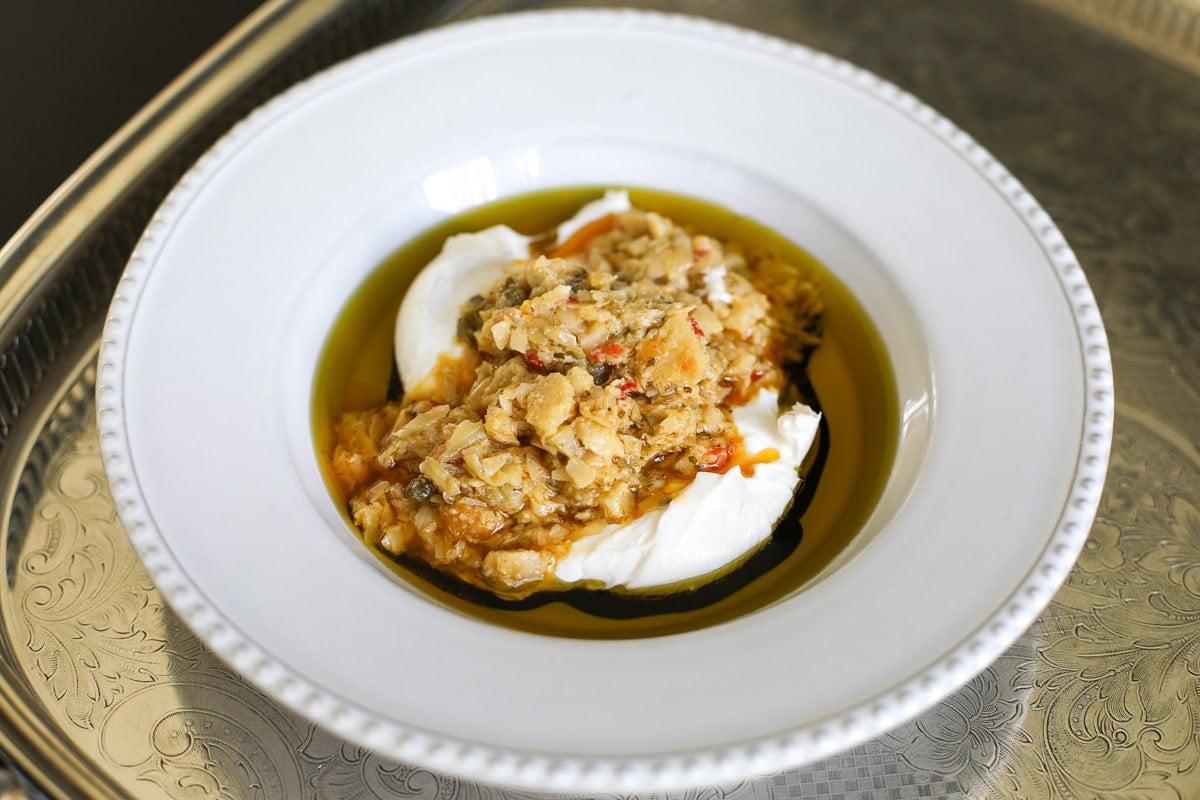 burrata and artichoke bruschetta. 