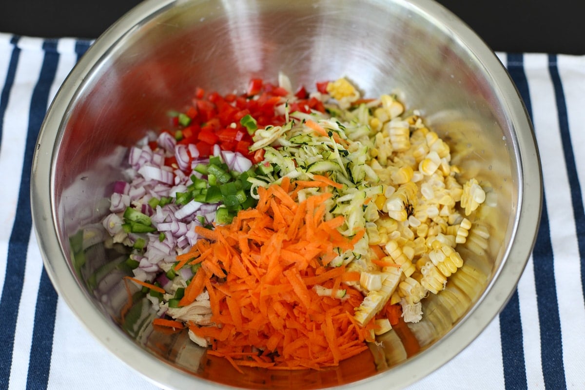 chicken and vegetables in a bowl.