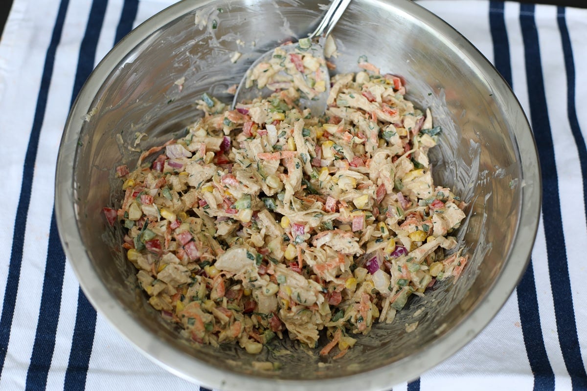 garden vegetable chicken salad in a bowl.