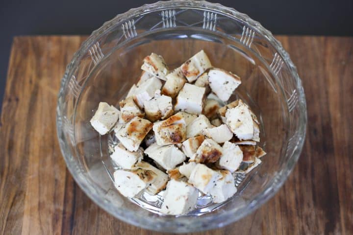 cubed chicken in a bowl.