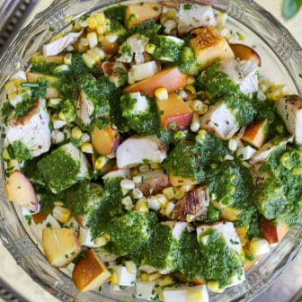 Grilled Chicken Peach and Corn Salad with Jalapeno Basil Vinaigrette – Healthyish Foods