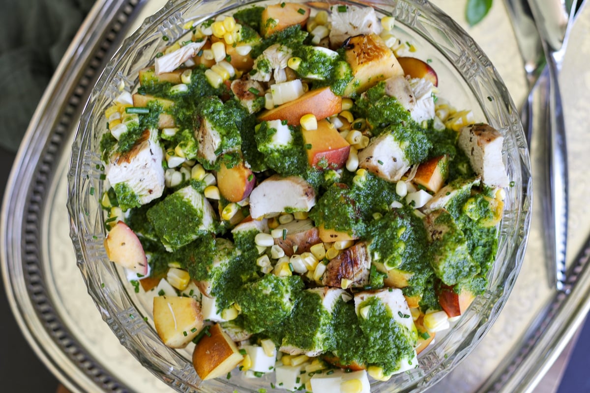 Grilled Chicken Peach and Corn Salad with Jalapeno Basil Vinaigrette – Healthyish Foods