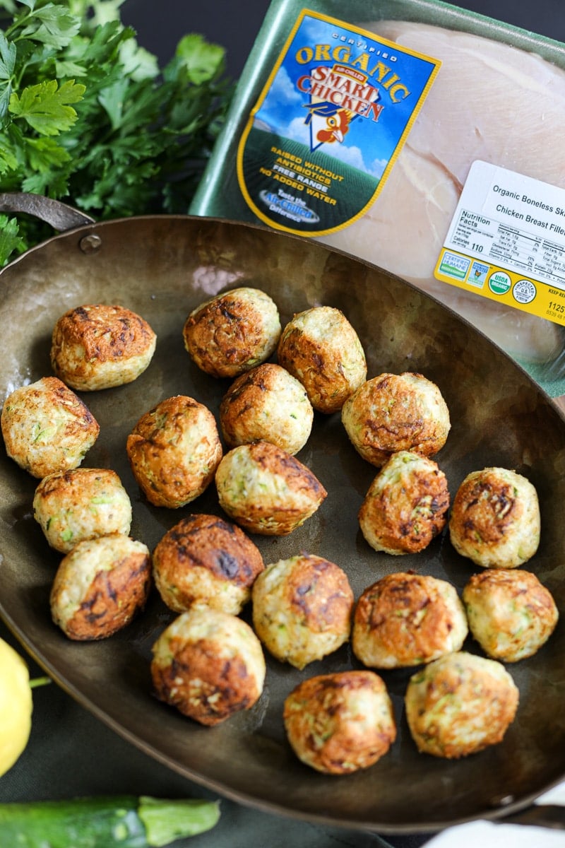 zucchini chicken meatballs with smart chicken packaging. 