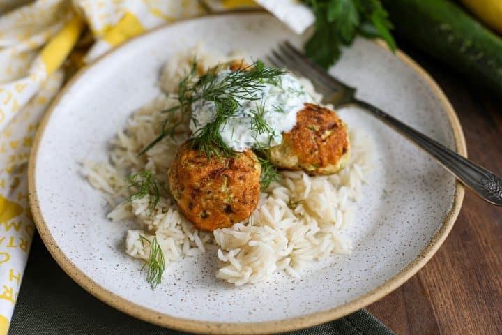 meatballs over rice with tzatziki. 