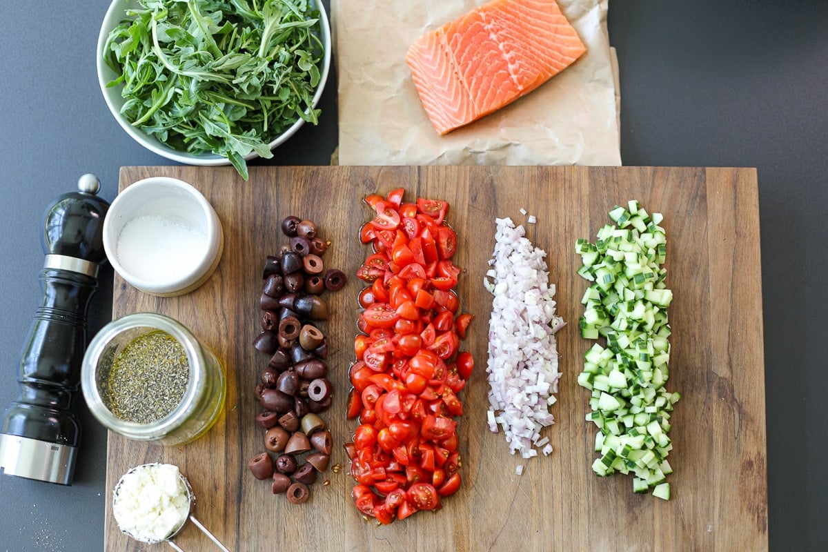 ingredients needed for crispy salmon salad.