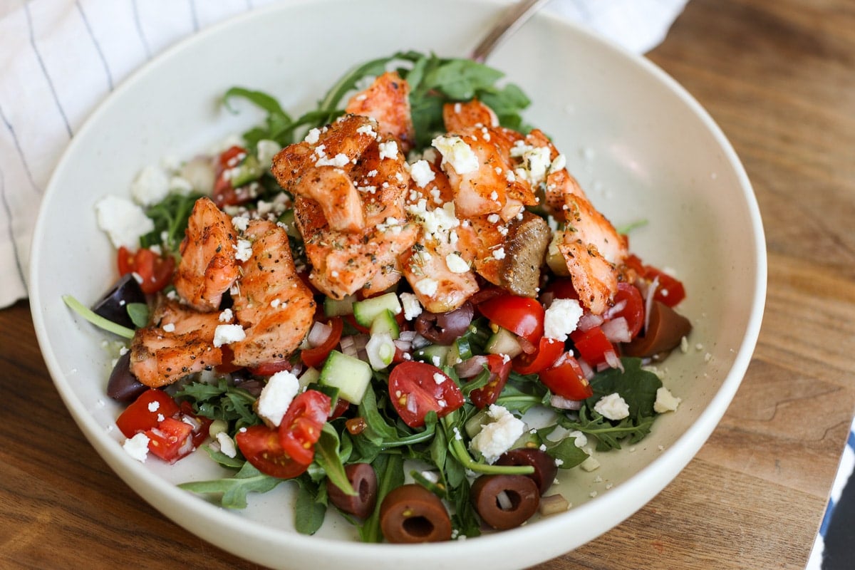 Crispy Salmon Salad in a bowl.