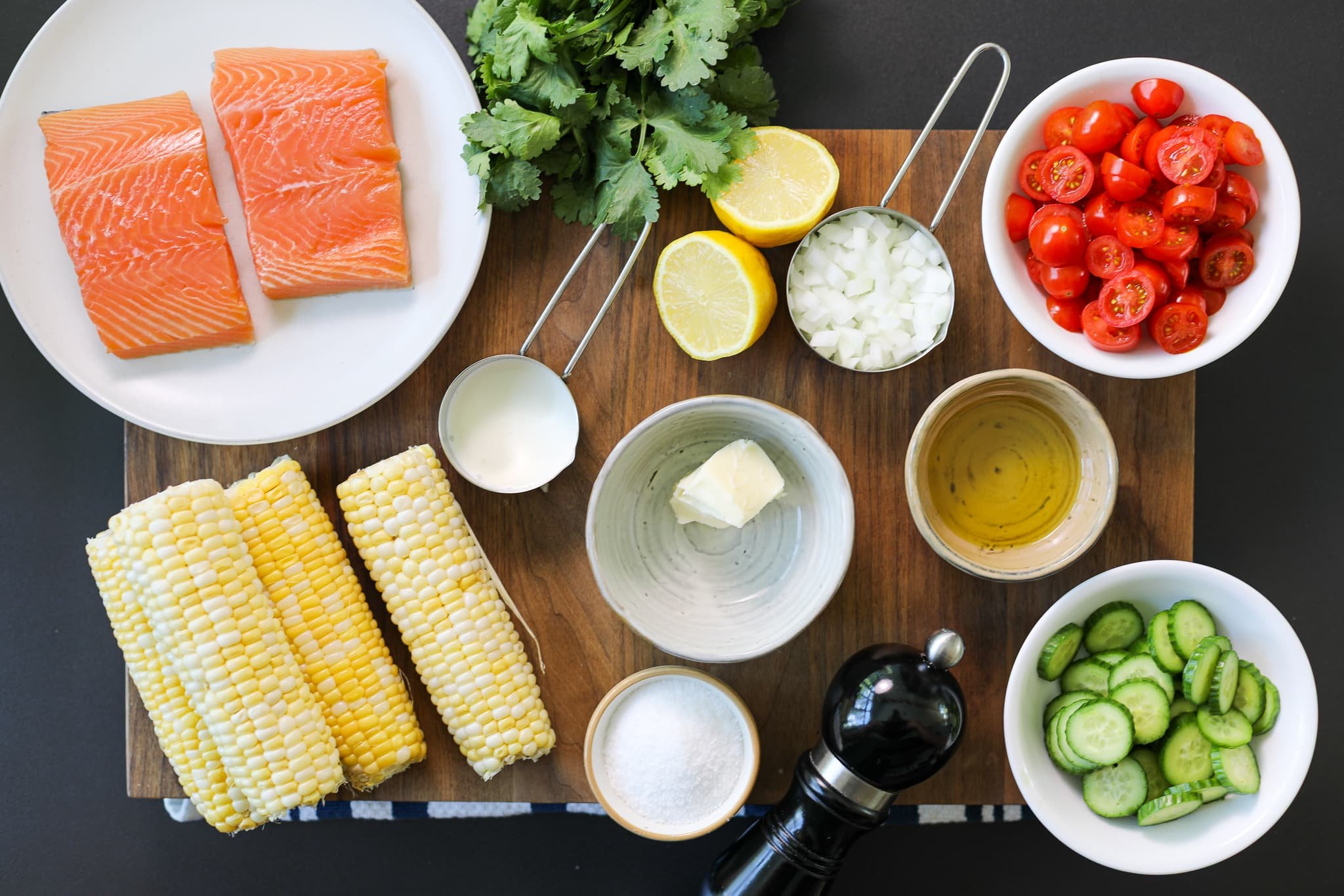 ingredients needed for grilled salmon, corn puree and tomato salad recipe. 