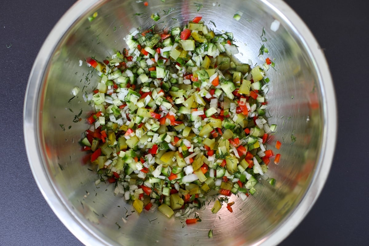 pickle de gallo in a mixing bowl.
