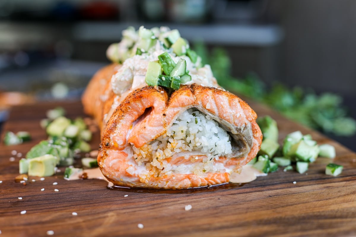 side shot of the baked spicy salmon roll.