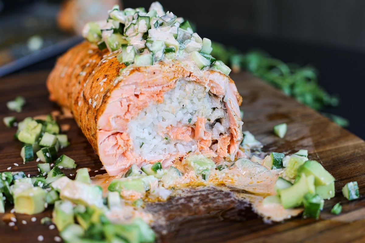 inside shot of the spicy salmon roll. 