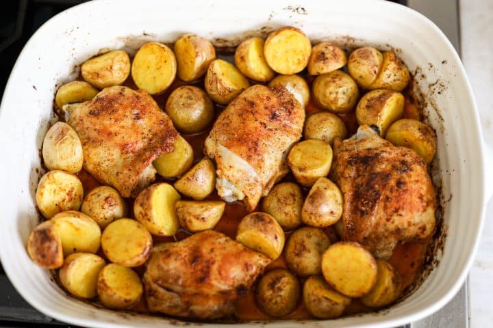 cooked chicken and potatoes.