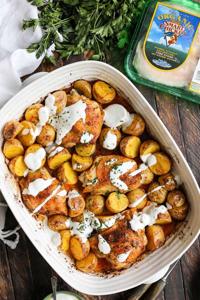 One Pan Roasted Chicken and Potatoes next to Smart Chicken packaging.