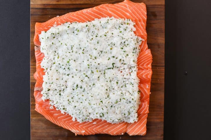 butterflied salmon with sticky rice. 