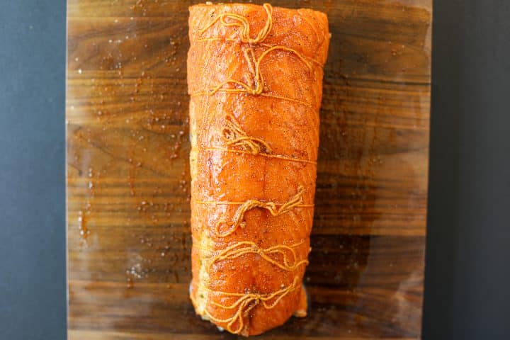 seasoned salmon with twine.