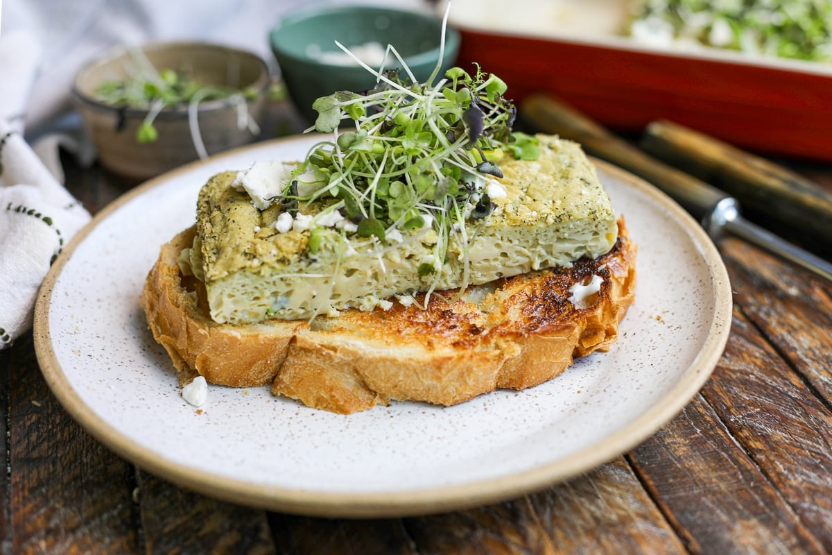 baked pesto eggs on toast.