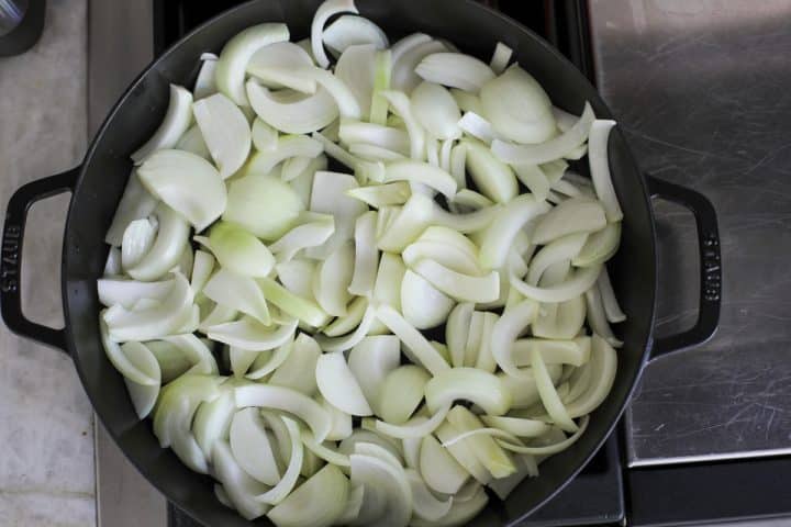 onions in a pan. 