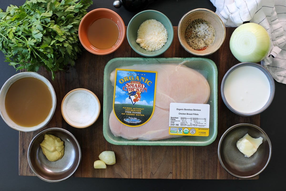 ingredients needed for blackened chicken with creamy mustard sauce.