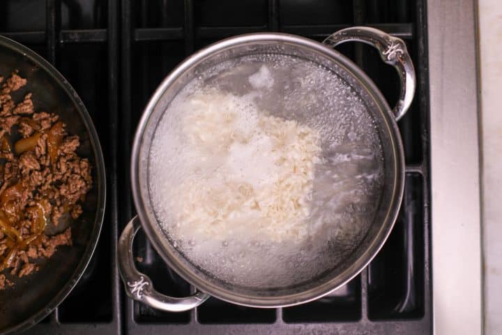noodles in a pot. 