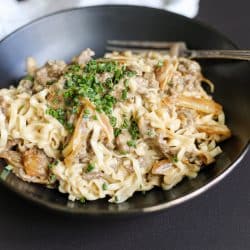 cheesy beef noodles in a bowl.