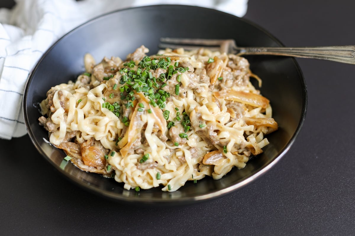 cheesy beef noodles in a bowl.