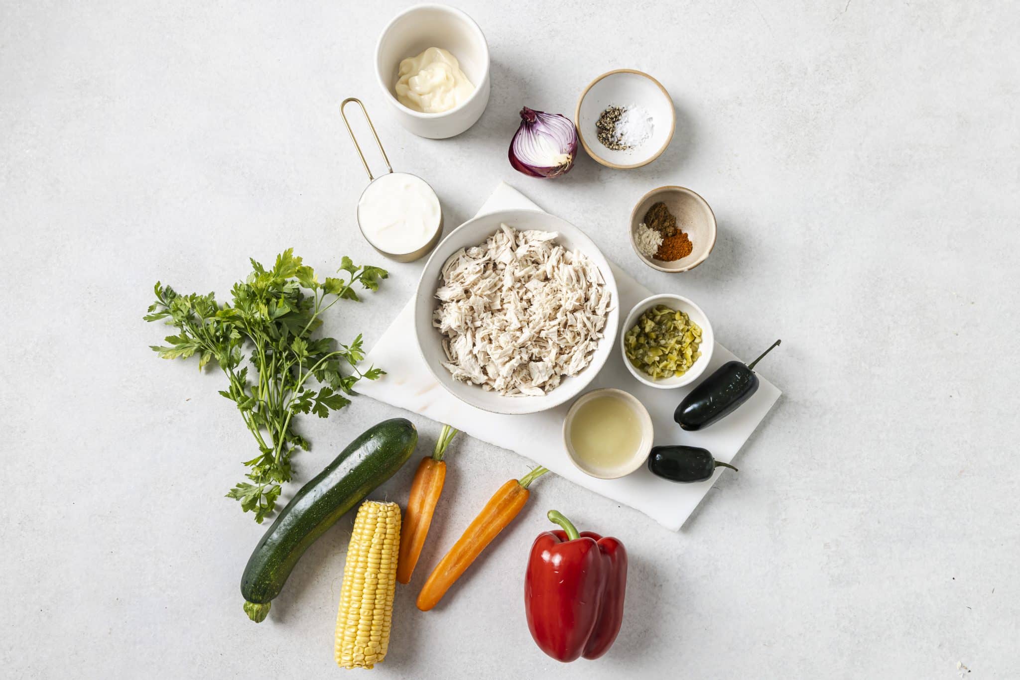 ingredients needed for garden vegetable chicken salad. 