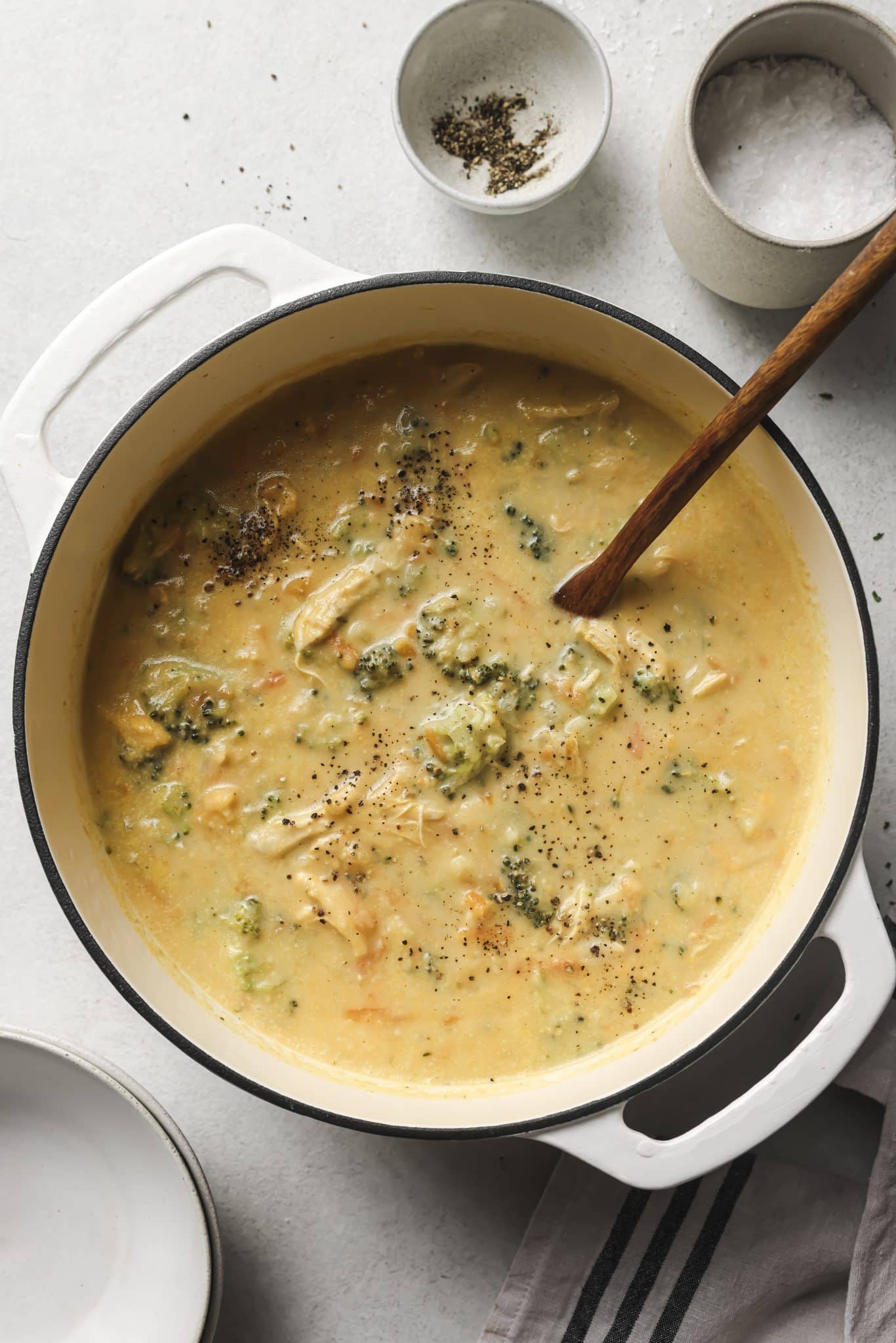 healthy chicken broccoli soup in a pot. 