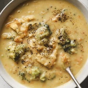 broccoli cheddar soup in a bowl.