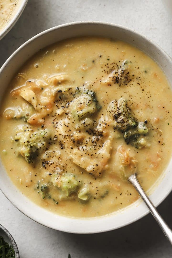 broccoli cheddar soup in a bowl.